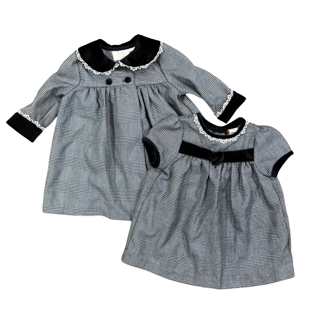 VTG Little Billy Baby Girl Plaid Dress & Coat Set 12 Mos Black White Velvet Trim